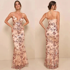 Lulus Shine Language Rose Gold Sequin Mermaid Maxi Dress XS Wedding Party Guest